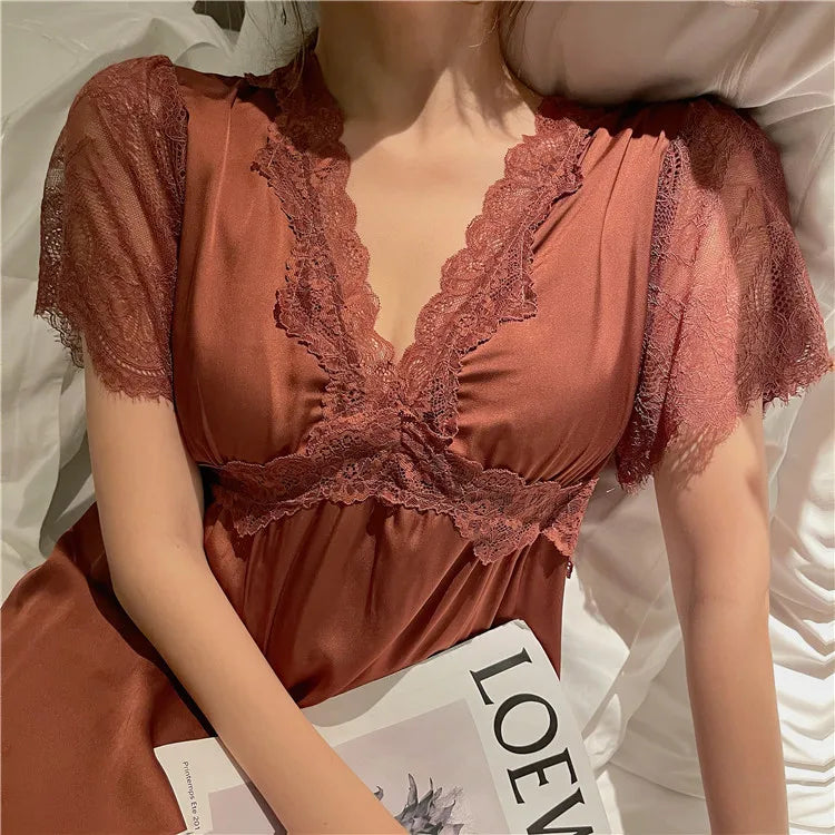 Summer Satin Night Dress Women Sleepwear With Bras Long Lace Nightgown Short Sleeve Sleepdress Loose Intimate Lingerie Nightwear