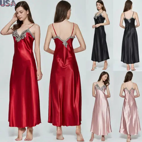 Women Oversize Satin V-Neck Long Nightdress Silk Lace Sexy Lingerie Nightgown Sleepwear Robe Dress Babydoll Underwear