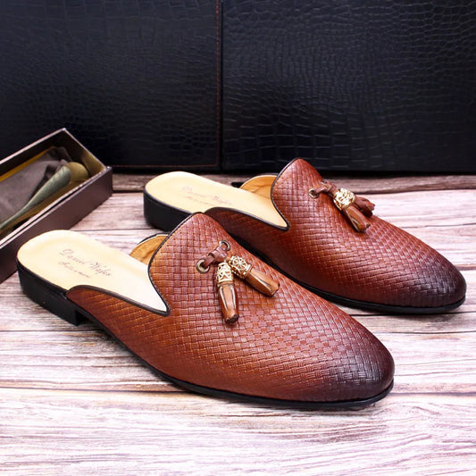 Luxury Brand Half Shoes for Men Genuine Leather Brown Blue Flat Mules Black Casual Shoes Mens Fashion Mocassin Homme Chaussure