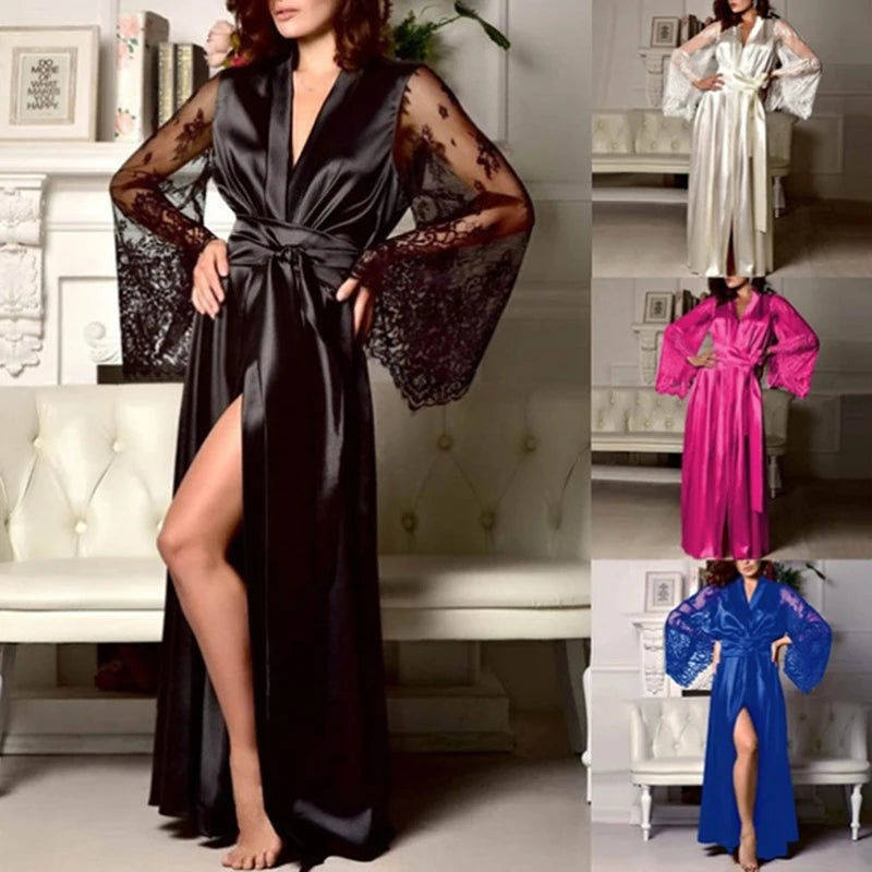 Womens Nightdress Sexy Long Lace Lingerie  Nightwear Bath Robe Gown Imitation Ice Silk Nightdress Solid Color Nightgown