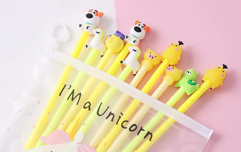 10Pcs / Set Cute Gel Pen Kawaii Random Pattern Unicorn Pony 0.5m Black Gel Ink Pen School Stationery Office Suppliers Gifts