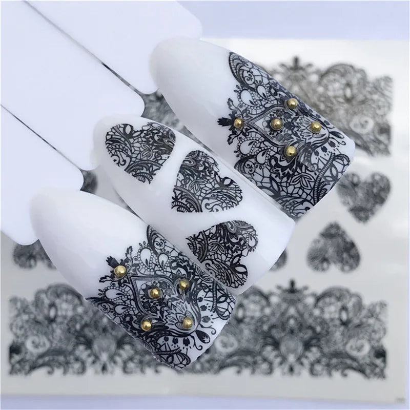 1 Sheet Nail Art Water Decals Black Lace Flower Animals Pattern Nail Transfer Sticker Slider DIY Nail Stickers Art Decoration