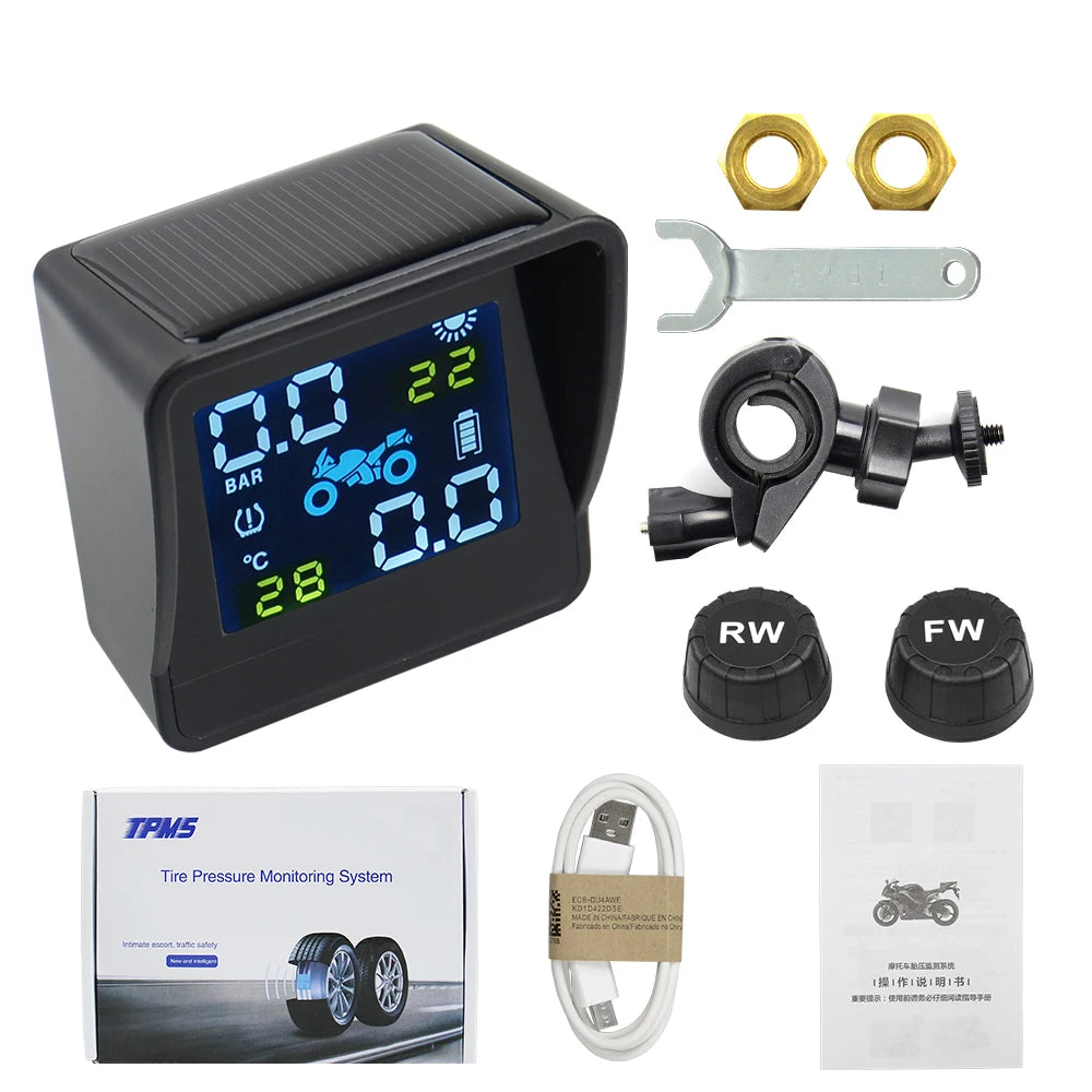 Best quality USB Solar Charging Motorcycle TPMS Motor Tire Pressure Tyre Temperature Monitoring Alarm System with 2 External