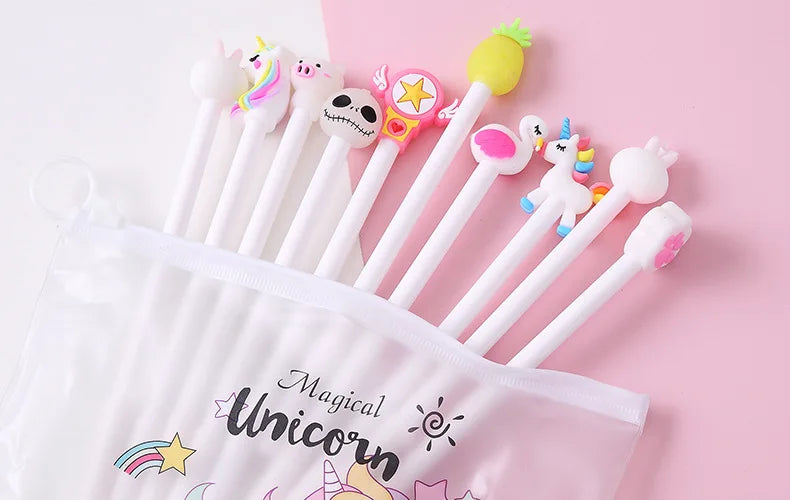 10Pcs / Set Cute Gel Pen Kawaii Random Pattern Unicorn Pony 0.5m Black Gel Ink Pen School Stationery Office Suppliers Gifts