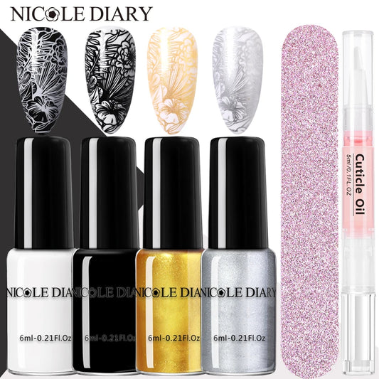 NICOLE DIARY 6pcs Nail Stamping Polish Cuticle Oil Nail File Set 4/2pcs Stamp Printing Nail Art Lacquers DIY Stamping Tool Kits