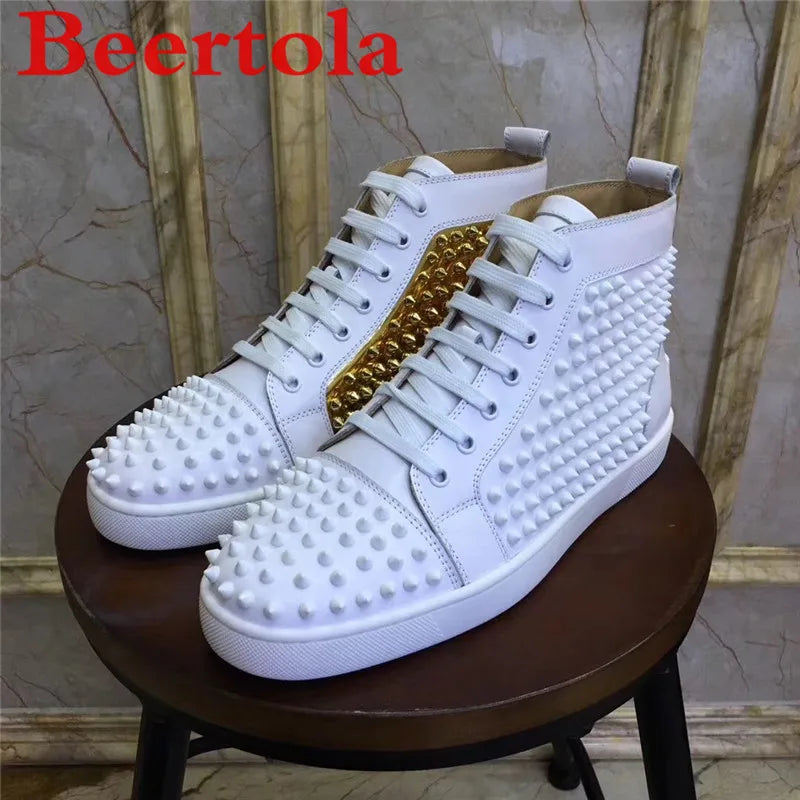High Top Sneakers Men White Gold Spikes Men's Flats Shoes Casual Style Round Toe Tenis Masculine New Brand Designers Chaussures