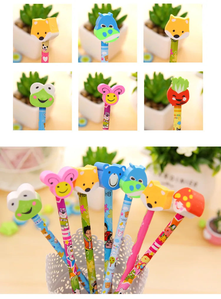 20Pcs/Lot Cute Cartoon HB Pencils With Kawaii Eraser Head for Children's Stationery Kids Drawing Writing Pen School Supplies