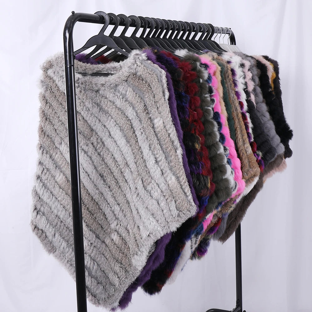 Genuine Rabbit Fur Knitted Natural Fur Poncho Fashion Wrap Coat Shawl Lady Scarf Natural Fur Wedding Party Wholesale Cape