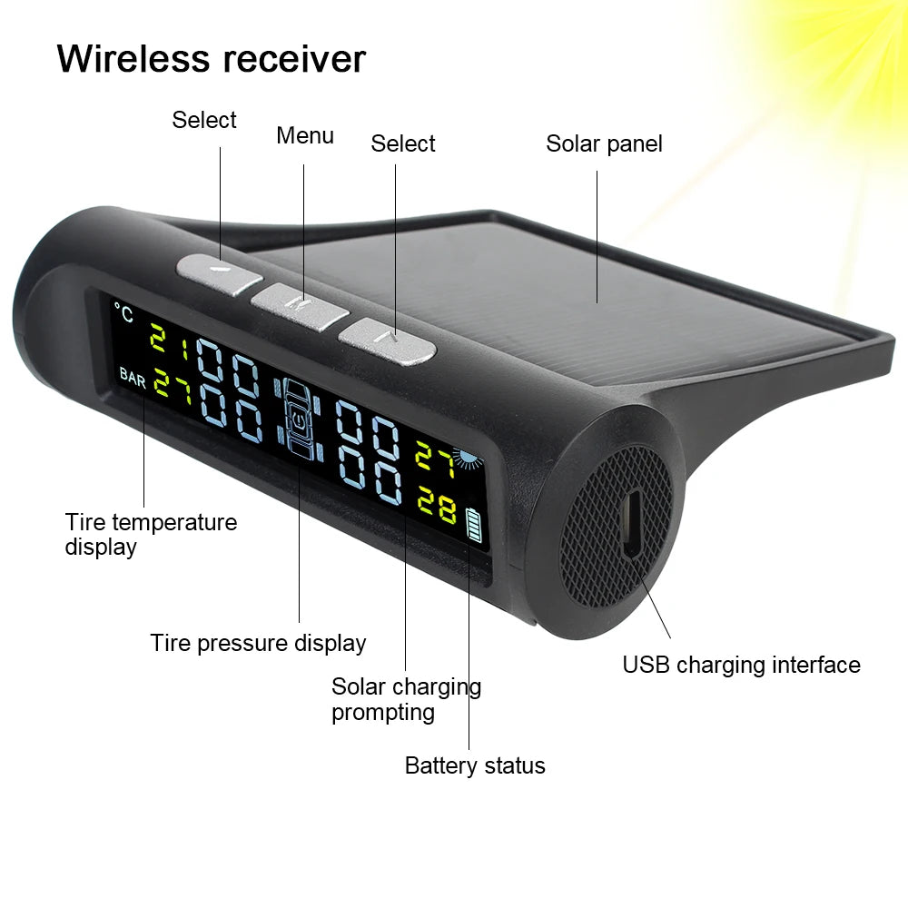 Tyre Pressure Monitoring System Universal Solar TPMS Car Accessories Digital LCD Display with 4 External Sensors