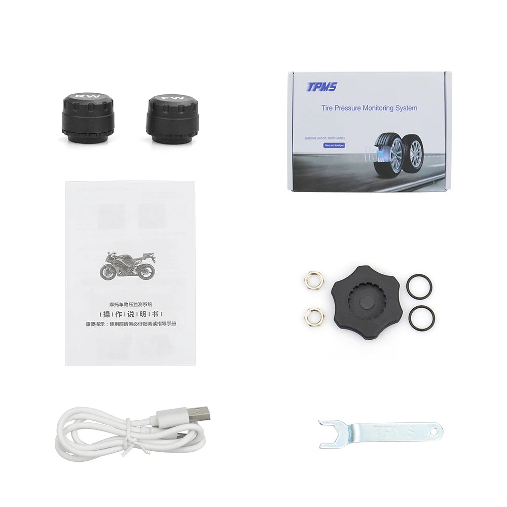 Best quality USB Solar Charging Motorcycle TPMS Motor Tire Pressure Tyre Temperature Monitoring Alarm System with 2 External