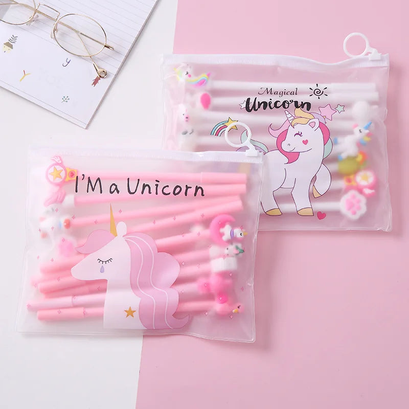 10Pcs / Set Cute Gel Pen Kawaii Random Pattern Unicorn Pony 0.5m Black Gel Ink Pen School Stationery Office Suppliers Gifts