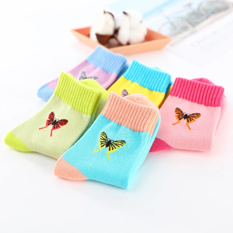 Spring Autumn Girls Socks Butterfly Cotton Candy Colors Socks For Girls 1- 16 Year Kids Socks  5 pairs/lot