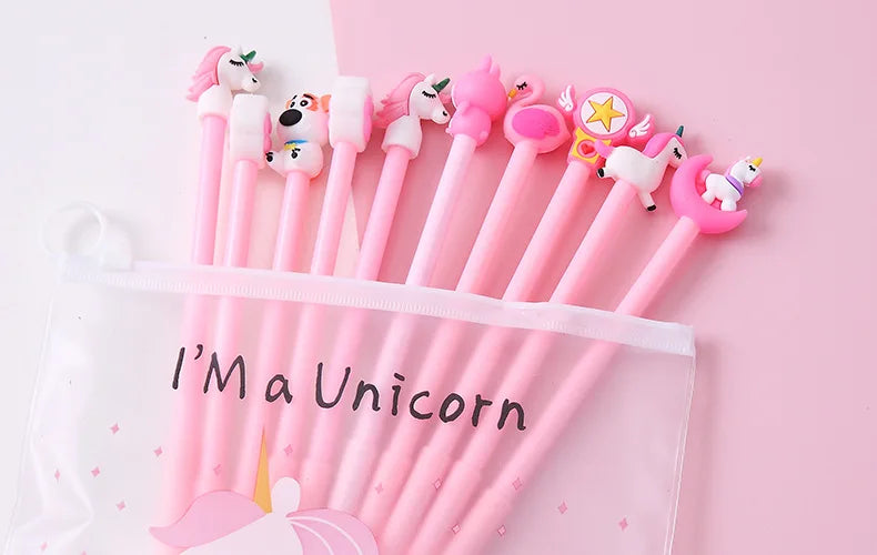 10Pcs / Set Cute Gel Pen Kawaii Random Pattern Unicorn Pony 0.5m Black Gel Ink Pen School Stationery Office Suppliers Gifts