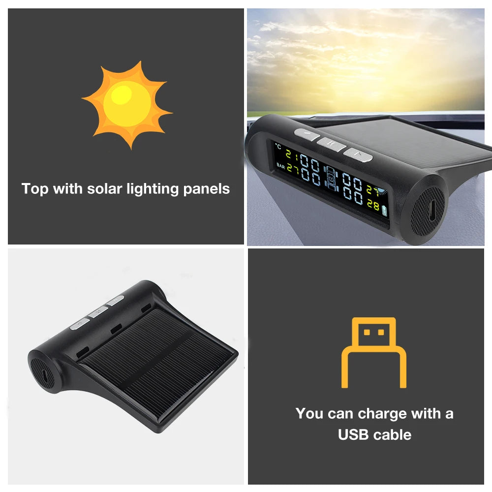 Tyre Pressure Monitoring System Universal Solar TPMS Car Accessories Digital LCD Display with 4 External Sensors