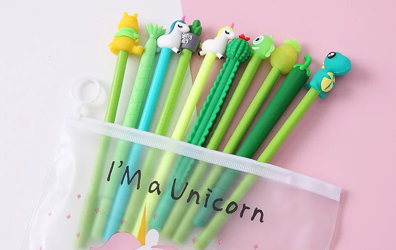 10Pcs / Set Cute Gel Pen Kawaii Random Pattern Unicorn Pony 0.5m Black Gel Ink Pen School Stationery Office Suppliers Gifts