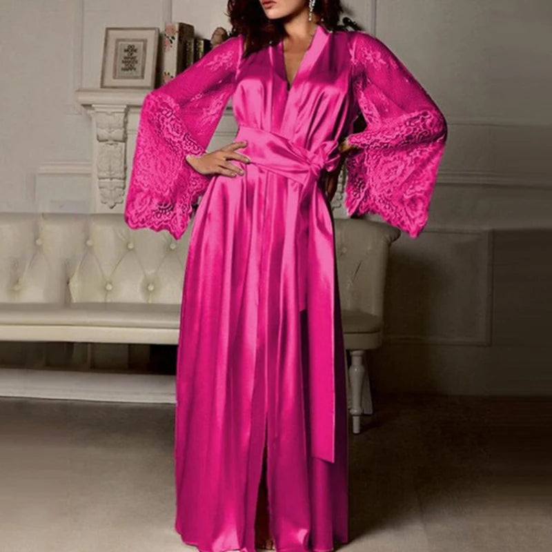 Womens Nightdress Sexy Long Lace Lingerie  Nightwear Bath Robe Gown Imitation Ice Silk Nightdress Solid Color Nightgown