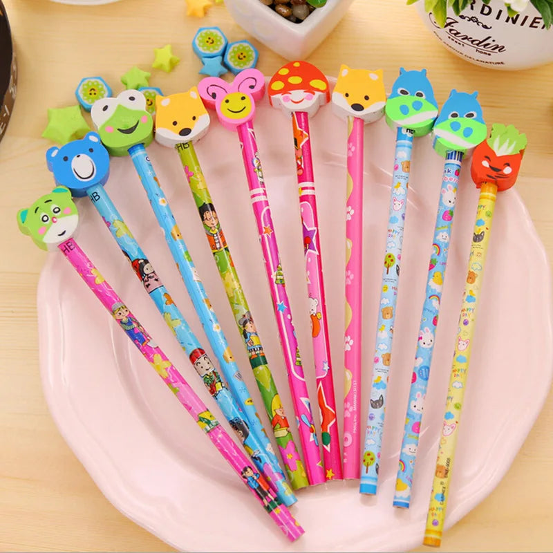 20Pcs/Lot Cute Cartoon HB Pencils With Kawaii Eraser Head for Children's Stationery Kids Drawing Writing Pen School Supplies