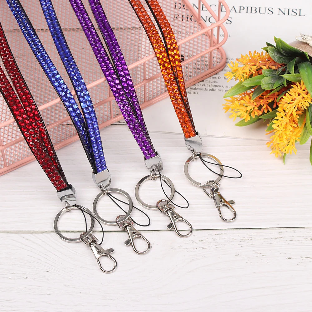 12Colors Mobile Phone Hanging Rope Rhinestone Bling Crystal Lanyard Badge ID Card Holder Neck Strap Sparkly Clip Office Supplies