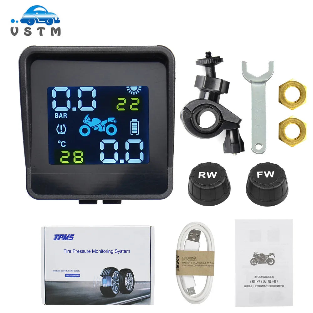 Best quality USB Solar Charging Motorcycle TPMS Motor Tire Pressure Tyre Temperature Monitoring Alarm System with 2 External