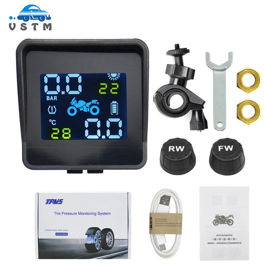 Best quality USB Solar Charging Motorcycle TPMS Motor Tire Pressure Tyre Temperature Monitoring Alarm System with 2 External
