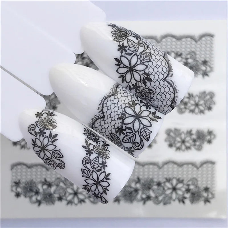 1 Sheet Nail Art Water Decals Black Lace Flower Animals Pattern Nail Transfer Sticker Slider DIY Nail Stickers Art Decoration