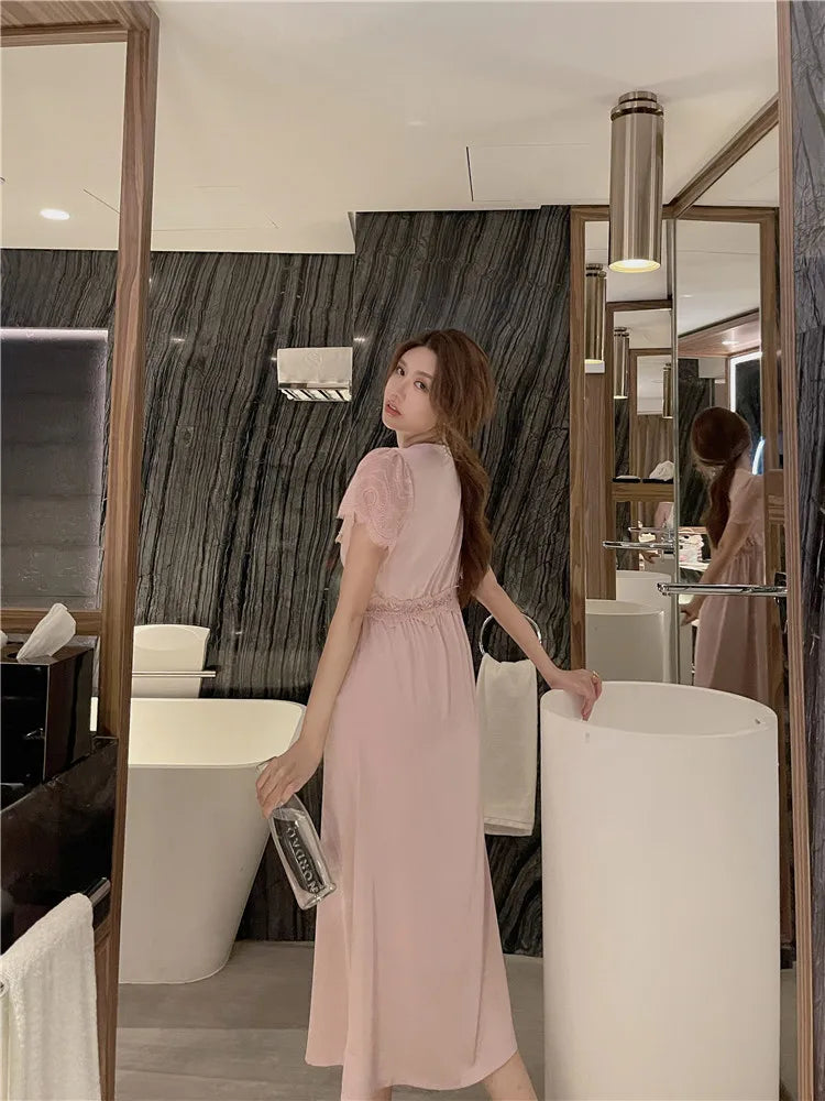 Summer Satin Night Dress Women Sleepwear With Bras Long Lace Nightgown Short Sleeve Sleepdress Loose Intimate Lingerie Nightwear