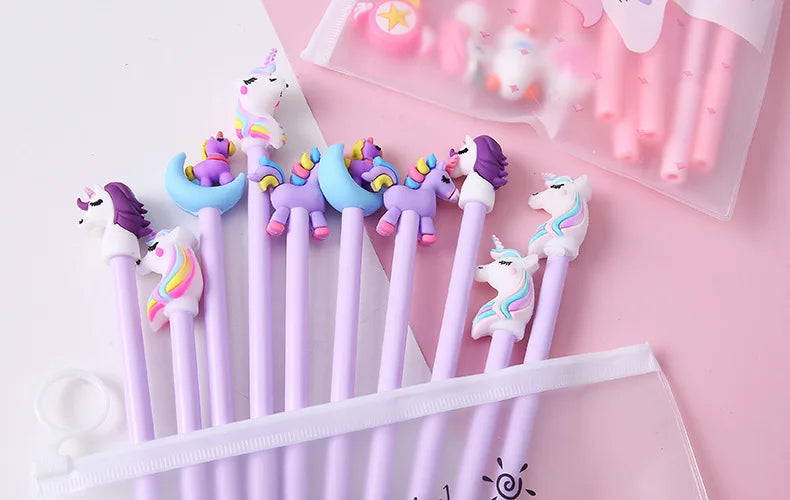 10Pcs / Set Cute Gel Pen Kawaii Random Pattern Unicorn Pony 0.5m Black Gel Ink Pen School Stationery Office Suppliers Gifts