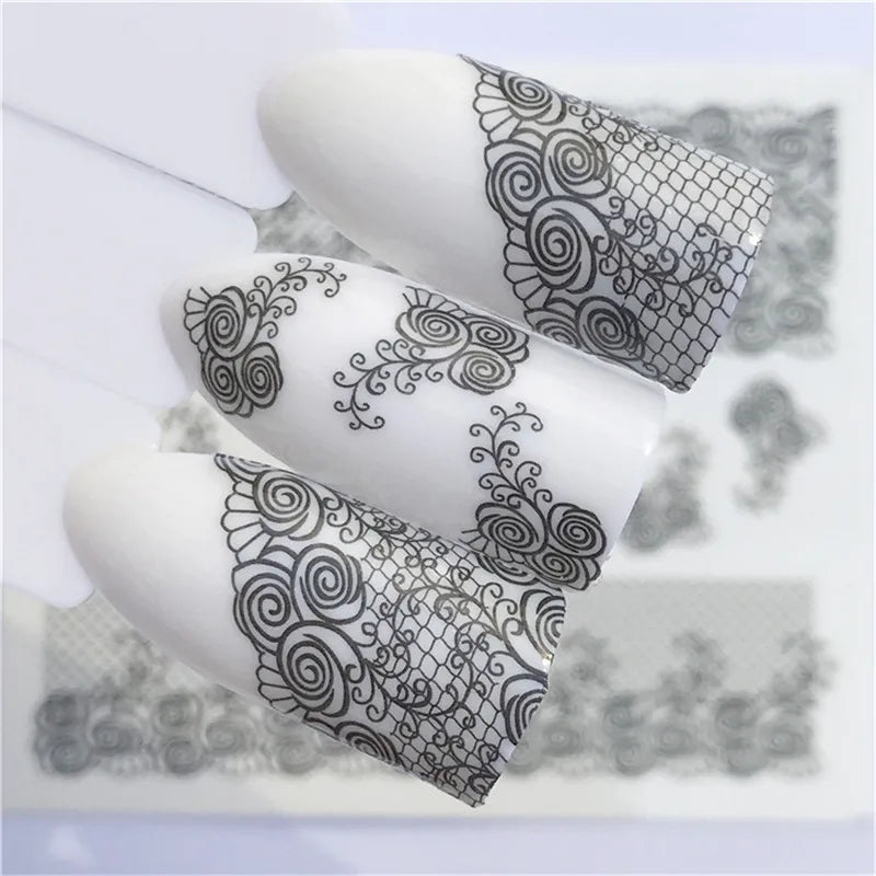 1 Sheet Nail Art Water Decals Black Lace Flower Animals Pattern Nail Transfer Sticker Slider DIY Nail Stickers Art Decoration