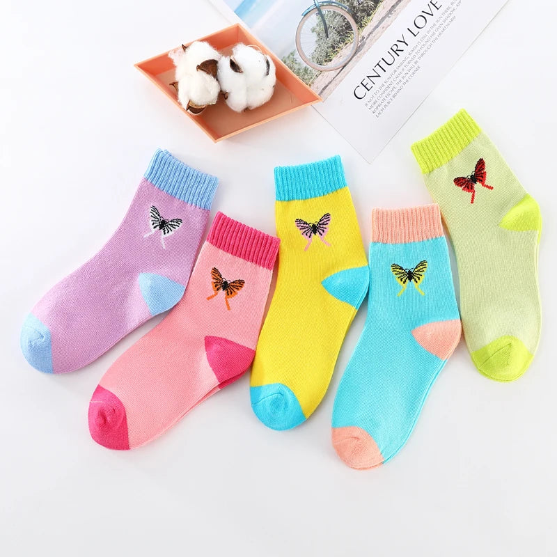 Spring Autumn Girls Socks Butterfly Cotton Candy Colors Socks For Girls 1- 16 Year Kids Socks  5 pairs/lot