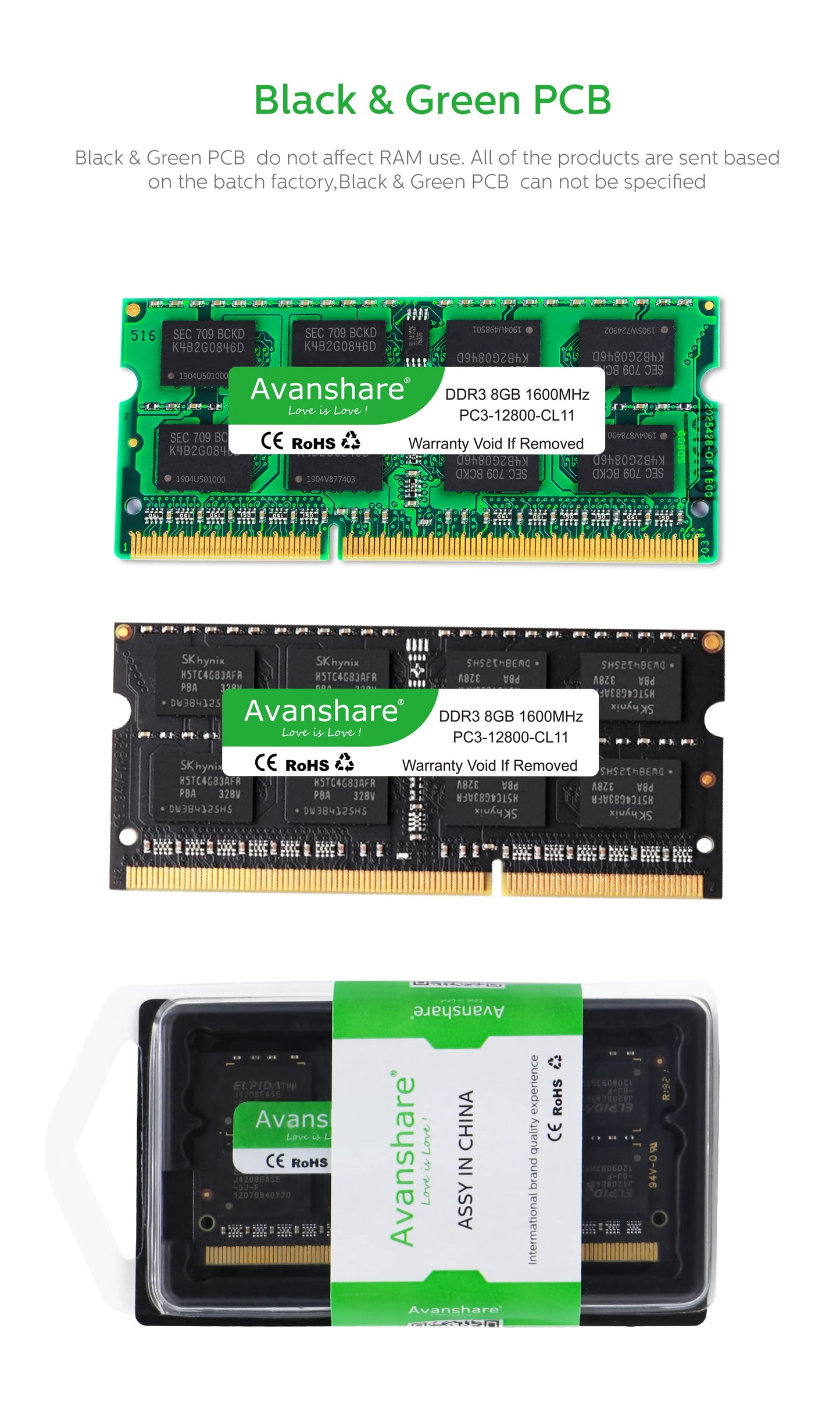 Avanshare 10Pcs Laptop Memory RAM DDR3 DDR3L 8GB 4GB 1600MHz 1333MHz SODIMM 1.35V 1.5V PC3/PC3L-12800S PC3-10600S Non-ECC