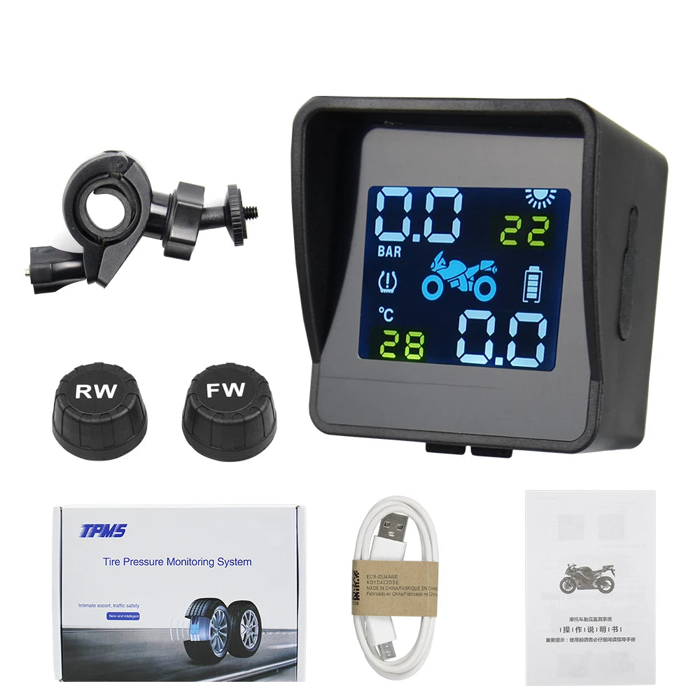 Best quality USB Solar Charging Motorcycle TPMS Motor Tire Pressure Tyre Temperature Monitoring Alarm System with 2 External
