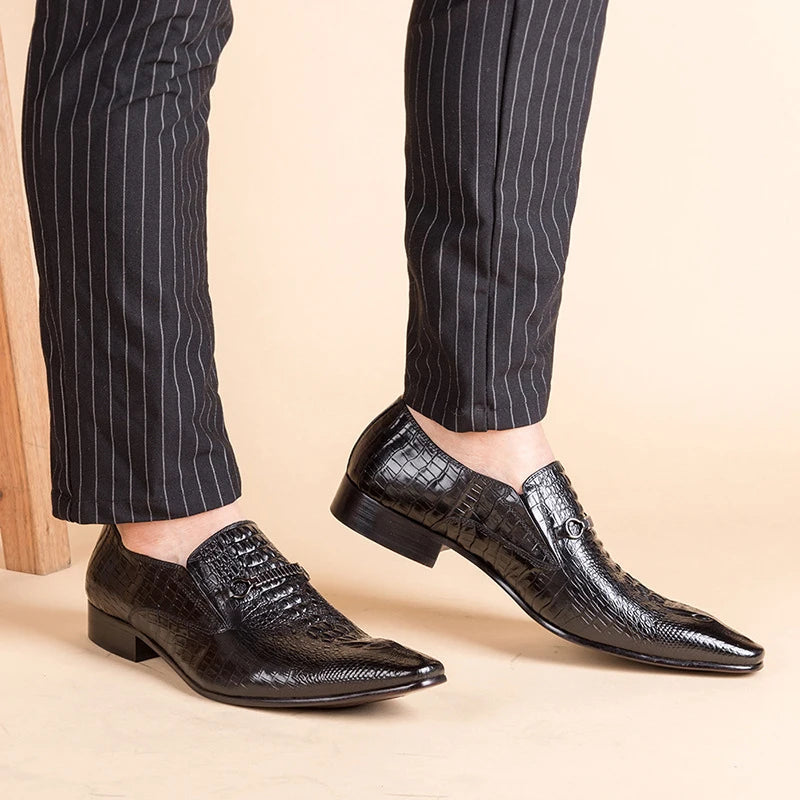 Fashion Men Casual Leather Shoes Crocodile Pattern Luxury Dress Shoes Slip-on Wedding Shoes Leather Brogues Big Size 38-48