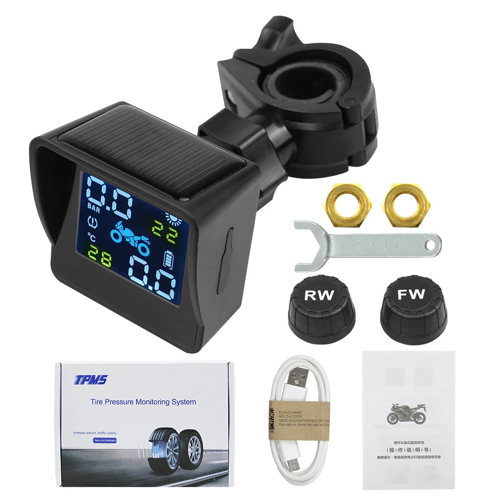 Best quality USB Solar Charging Motorcycle TPMS Motor Tire Pressure Tyre Temperature Monitoring Alarm System with 2 External