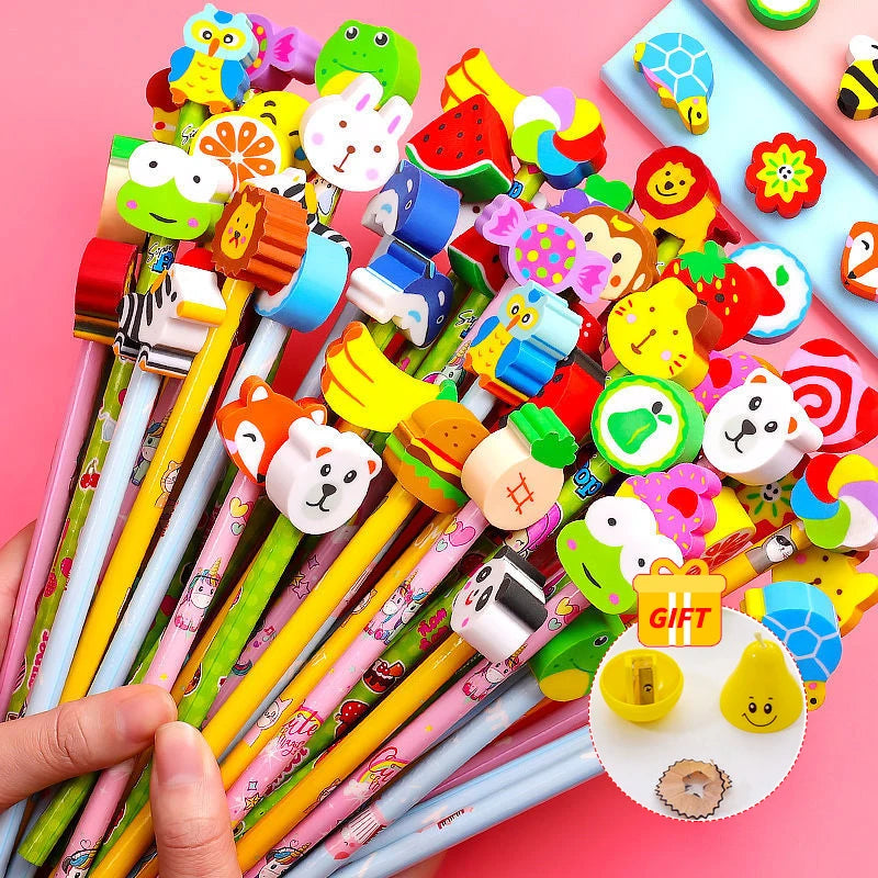 20Pcs/Lot Cute Cartoon HB Pencils With Kawaii Eraser Head for Children's Stationery Kids Drawing Writing Pen School Supplies