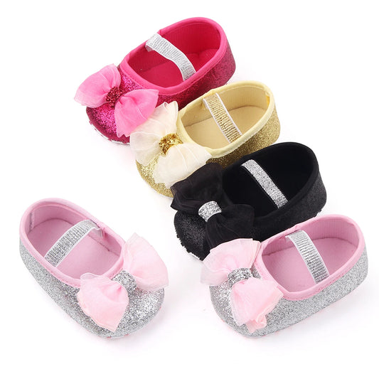 2023 Fashion Infant Newborn Baby Girls Spring Summer Flats Glitter Bowknot Princess Dress Shoes No-Slip First Walkers