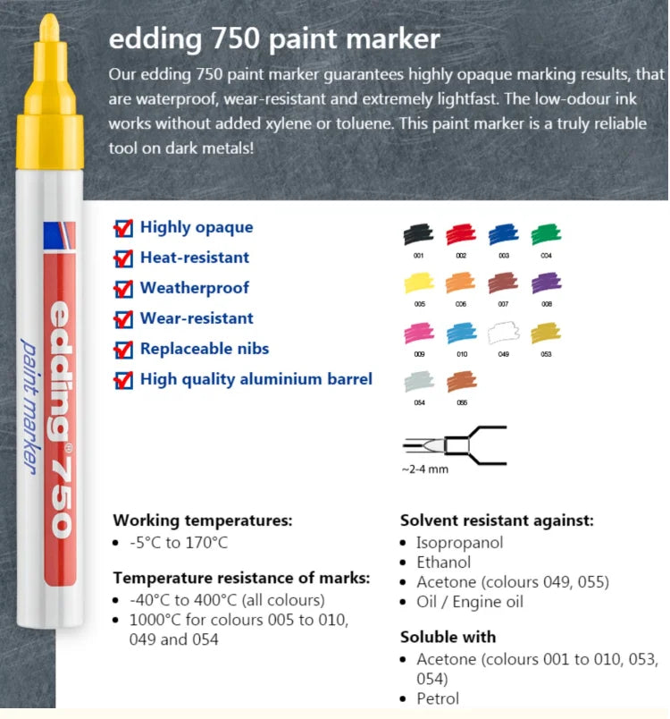 1pcs Edding 750 Waterproof Permanent Marker Metallic Paint Marker for Industrial Products Professional Painting Pens