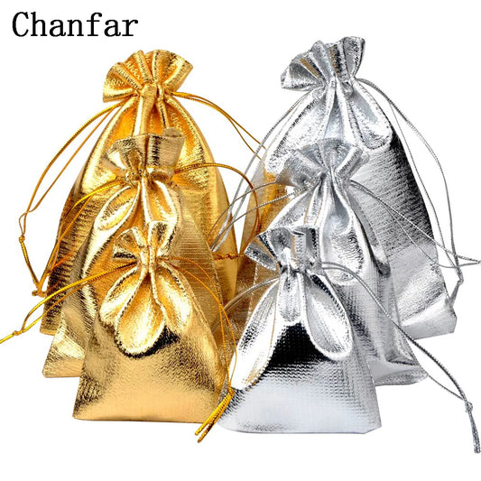 50pcs/lot 7x9 9x12 10x15cm Adjustable Jewelry Packing Fabric Bag Gold Colors Drawstring Wedding Storage Pouches