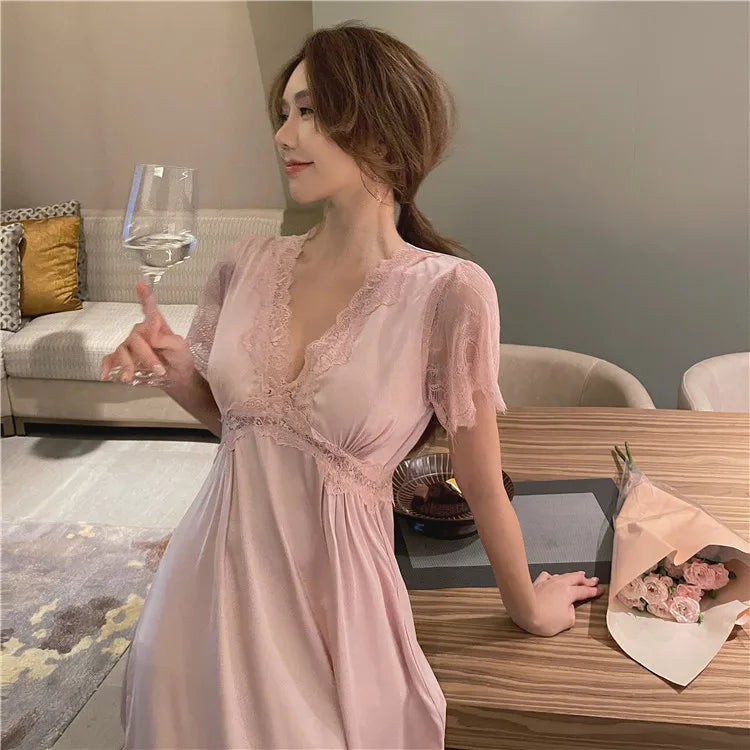 Summer Satin Night Dress Women Sleepwear With Bras Long Lace Nightgown Short Sleeve Sleepdress Loose Intimate Lingerie Nightwear