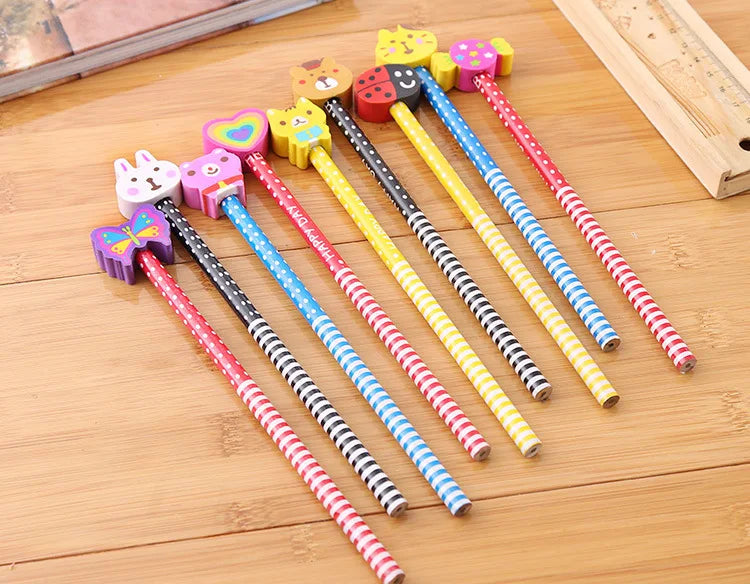 20Pcs/Lot Cute Cartoon HB Pencils With Kawaii Eraser Head for Children's Stationery Kids Drawing Writing Pen School Supplies