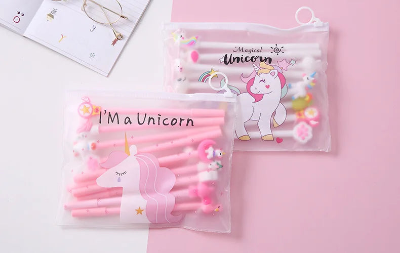 10Pcs / Set Cute Gel Pen Kawaii Random Pattern Unicorn Pony 0.5m Black Gel Ink Pen School Stationery Office Suppliers Gifts