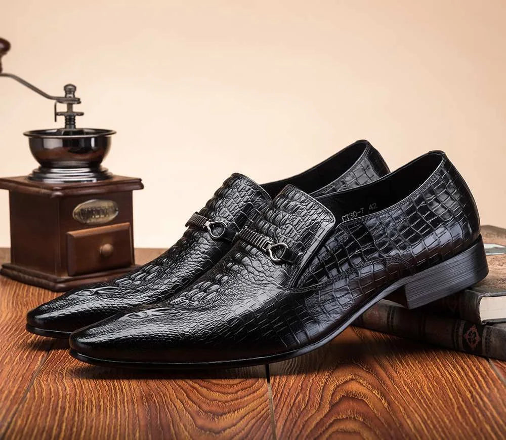 Fashion Men Casual Leather Shoes Crocodile Pattern Luxury Dress Shoes Slip-on Wedding Shoes Leather Brogues Big Size 38-48