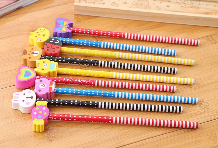 20Pcs/Lot Cute Cartoon HB Pencils With Kawaii Eraser Head for Children's Stationery Kids Drawing Writing Pen School Supplies