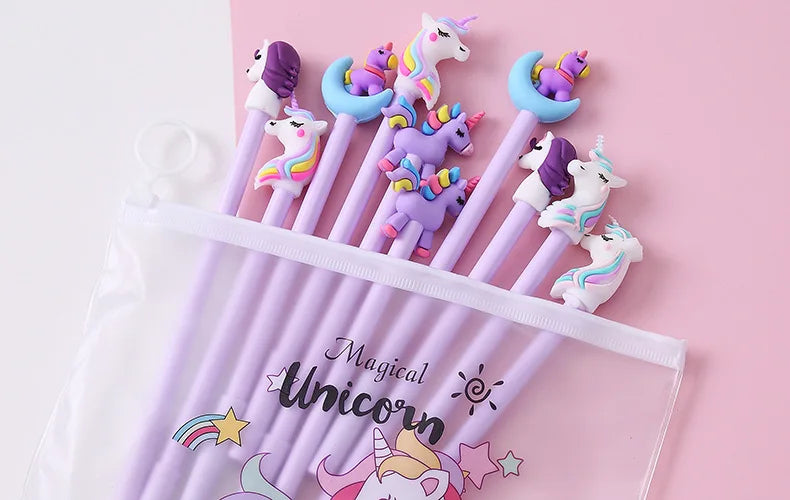 10Pcs / Set Cute Gel Pen Kawaii Random Pattern Unicorn Pony 0.5m Black Gel Ink Pen School Stationery Office Suppliers Gifts