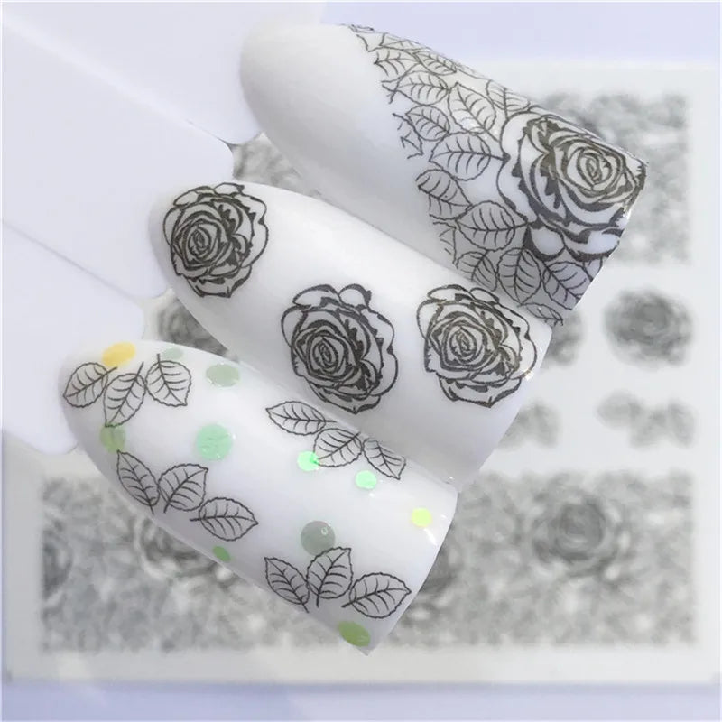 1 Sheet Nail Art Water Decals Black Lace Flower Animals Pattern Nail Transfer Sticker Slider DIY Nail Stickers Art Decoration