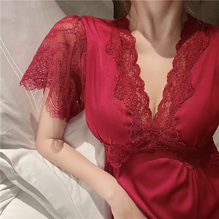 Summer Satin Night Dress Women Sleepwear With Bras Long Lace Nightgown Short Sleeve Sleepdress Loose Intimate Lingerie Nightwear