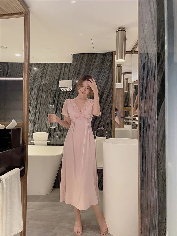 Summer Satin Night Dress Women Sleepwear With Bras Long Lace Nightgown Short Sleeve Sleepdress Loose Intimate Lingerie Nightwear