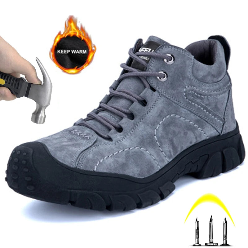 Genuine Leather Work Boots Winter Men Safety Shoes Plus Velvet Warmth Non-slip Steel Toe Cap Indestructible Work Shoes Designer
