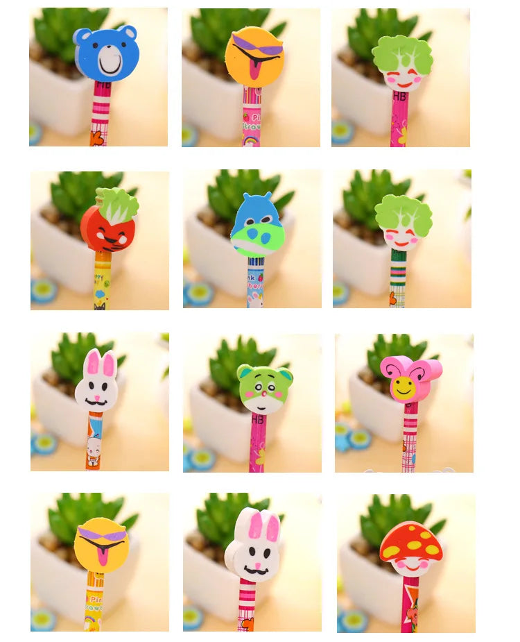 20Pcs/Lot Cute Cartoon HB Pencils With Kawaii Eraser Head for Children's Stationery Kids Drawing Writing Pen School Supplies