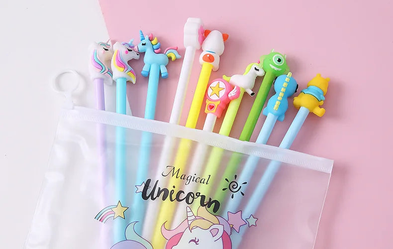 10Pcs / Set Cute Gel Pen Kawaii Random Pattern Unicorn Pony 0.5m Black Gel Ink Pen School Stationery Office Suppliers Gifts