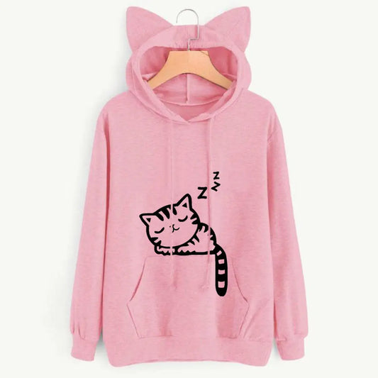 New Women Hoodies Sweatshirt Kawaii Pink Winter Cat Pattern Long Sleeve Hooded Sweatshirts Harajuku